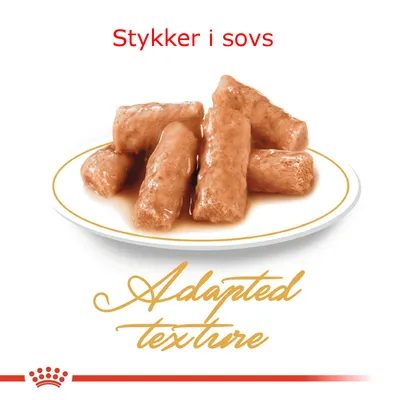 Stykker i sovs på tallerken, teksten 'Adapted texture' og 'Stykker i sovs' vises i billedet.