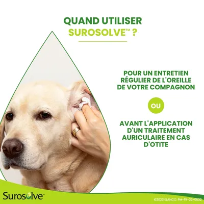 Quand utiliser Surosolve ? Pour un entretien régulier de l’oreille de votre compagnon ou avant l’application d’un traitement auriculaire en cas d’otite. Surosolve.