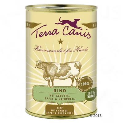 Terra Canis Hausmannskost für Hunde, Rind met wortel, appel en natuurreis, 100% voedselkwaliteit, 100% natuur. Tekst deels in het Duits en Engels zichtbaar op blik.