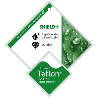 DuPont Teflon Shield+ fabric protector, SHIELD+, Repels water, oil and stains, Durable, Advanced care for a better planet. Tekst in het Engels.