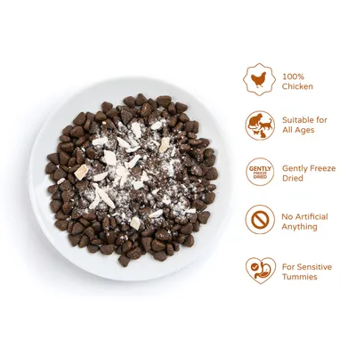 Bowl of kibble with freeze-dried pieces. Key features: 100% chicken, suitable for all ages, gently freeze dried, no artificial ingredients, for sensitive tummies.