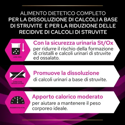 Alimento dietetico completo per la dissoluzione di calcoli a base di struvite e riduzione recidive. Sicurezza urinaria St/Ox, promuove la dissoluzione, apporto calorico moderato.