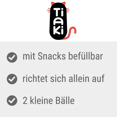 Tiaki. mit Snacks befüllbar, richtet sich allein auf, 2 kleine Bälle. Texte en allemand.