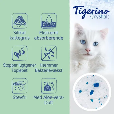 Tigerino Crystals silikat kattegrus, ekstremt absorberende, stopper lugtgener i opløbet, hæmmer bakterievækst, støvfri, med Aloe-Vera-duft. Billede af gruset nederst.