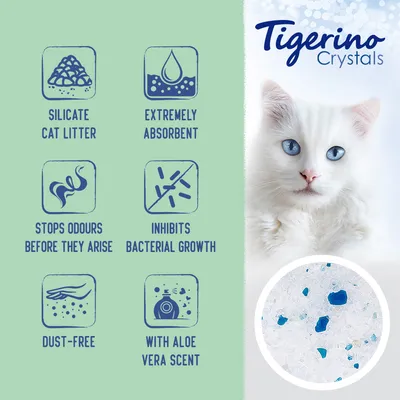 Tigerino Crystals. Silicate cat litter, extremely absorbent, stops odours before they arise, inhibits bacterial growth, dust-free, with aloe vera scent. Teksti englanniksi.