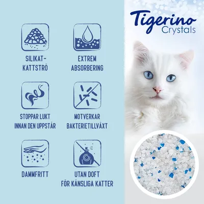 Tigerino Crystals silikatkattströ: extrem absorbering, stoppar lukt innan den uppstår, motverkar bakterietillväxt, dammfritt, utan doft för känsliga katter. Bild på ströets utseende.