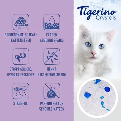 Tigerino Crystals Katzenstreu: grobkörnige Silikat-Katzenstreu, extrem absorbierfähig, stoppt Gerüche bevor sie entstehen, hemmt Bakterienwachstum, staubfrei, parfümfrei für sensible Katzen.