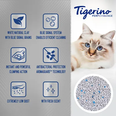 Tigerino Performance. White natural clay with blue signal grains, blue signal system: enables efficient cleaning, instant and powerful clumping action, antibacterial protection Aromaguard technology, extremely low dust, with fresh scent. Teksti englanniksi.