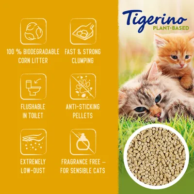 Tigerino Plant-Based kattenbakvulling. Tekst: 100% biodegradable corn litter, fast & strong clumping, flushable in toilet, anti-sticking pellets, extremely low-dust, fragrance free – for sensible cats.