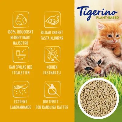 Tigerino Plant-Based. 100% biologiskt nedbrytbart majsströ, bildar snabbt fasta klumpar, kan spolas ned i toaletten, kornen fastnar ej, extremt lågdammande, doftfritt för känsliga katter.