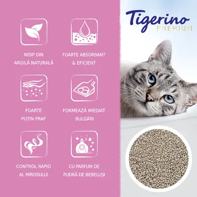 Tigerino Premium. Nisip din argilă naturală, foarte absorbant și eficient, foarte puțin praf, formează imediat bulgări, control rapid al mirosului, cu parfum de pudră de bebeluși.