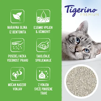 Tigerino Premium. Naravna glina iz bentonita, izjemno vpojen & učinkovit, posebej nizka vsebnost prahu, takojšnje sprijemanje, močan nadzor vonjav, z vonjem sveže pokošene trave.