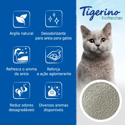 Tigerino Refresher. Argila natural, desodorizante para areia para gatos, refresca o aroma da areia, reforça a ação aglomerante, reduz odores desagradáveis, diversos aromas disponíveis.