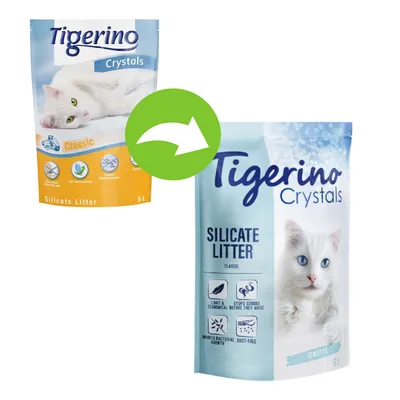 Packaging change for Tigerino Crystals Silicate Litter Classic, showing old and new designs. Features include light and economical, stops odours, inhibits bacterial growth, dust-free.