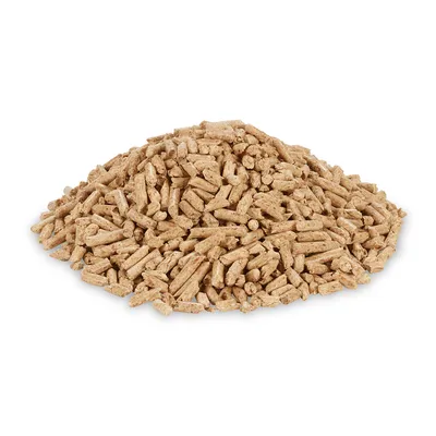 Pile of brown pellets, possibly pet food or bedding. No further information visible.