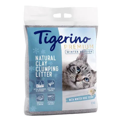 Tigerino Premium Winter Edition, nisip aglomerant din argilă naturală cu parfum de trandafir de iarnă, ultra absorbant, control rapid al mirosului, aglomerare instantanee, foarte puțin praf, 12 kg.