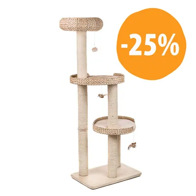 Tiragraffi per gatti con tre piattaforme in tessuto e corda, giochi pendenti. Etichetta arancione con sconto -25%.