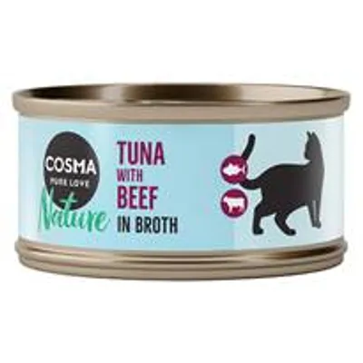 Cosma Nature macskaeledel konzerv, felirat: TUNA WITH BEEF IN BROTH, világoskék címkén fekete macska sziluett és halat, marhát ábrázoló ikonok láthatók.