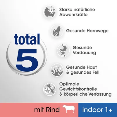 total 5, mit Rind, indoor 1+, Starke natürliche Abwehrkräfte, Gesunde Harnwege, Gesunde Verdauung, Gesunde Haut & gesundes Fell, Optimale Gewichtskontrolle & körperliche Verfassung