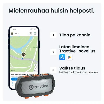 Tractive-paikannin ja puhelin, jossa karttanäkymä. Ohjeet: 1. Tilaa paikannin 2. Lataa ilmainen Tractive-sovellus 3. Valitse tilaus laitteen aktivoinnin aikana.