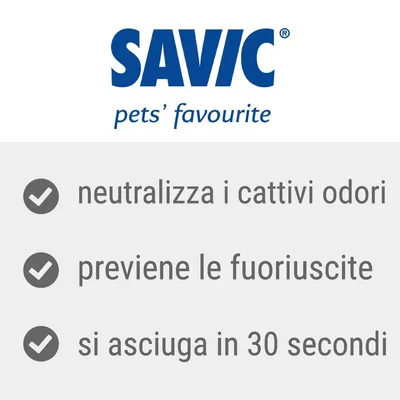 SAVIC pets' favourite. Neutralizza i cattivi odori, previene le fuoriuscite, si asciuga in 30 secondi.