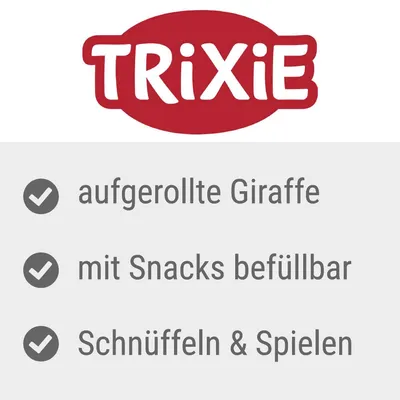 TRIXIE, aufgerollte Giraffe, mit Snacks befüllbar, Schnüffeln & Spielen. Texte en allemand.