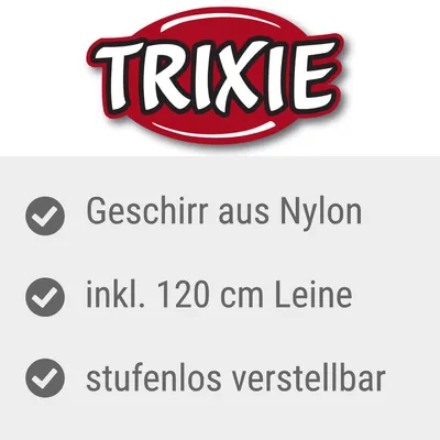 TRIXIE. Geschirr aus Nylon, inkl. 120 cm Leine, stufenlos verstellbar. Texte en allemand.