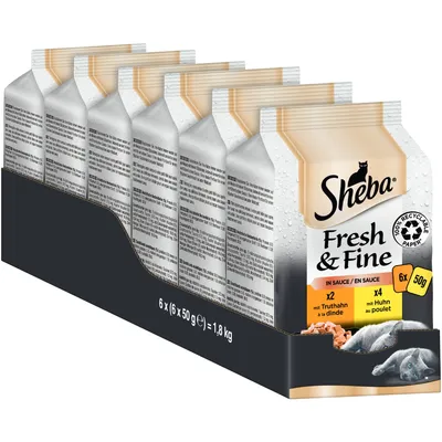 Sheba Fresh & Fine, 6 x 50 g, embalagem de comida húmida para gatos em molho. Indicação: 2x peru, 4x frango. Papel 100 % reciclável visível na embalagem.