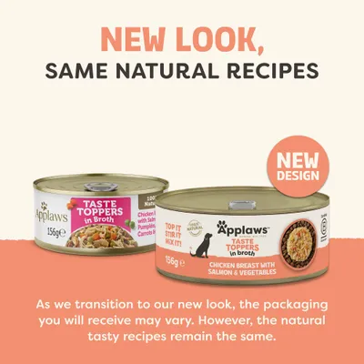 Applaws Taste Toppers Natural in Broth Saver Pack 48 x 156g - Chicken with Salmon Applaws Taste Toppers Natural in Broth Saver Pack 48 x 156g - Chicken with Salmon