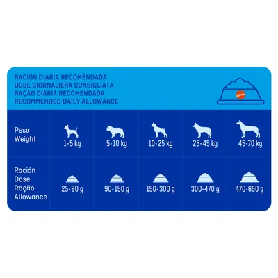 Tabela de ração diária recomendada por peso do cão: 1–5 kg 25–90 g, 5–10 kg 90–150 g, 10–25 kg 150–300 g, 25–45 kg 300–470 g, 45–70 kg 470–650 g.
