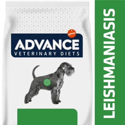 Advance Veterinary Diets affinity, LEISHMANIASIS, opakowanie z wizerunkiem psa i zielonym symbolem na boku. Widoczne tylko te napisy.