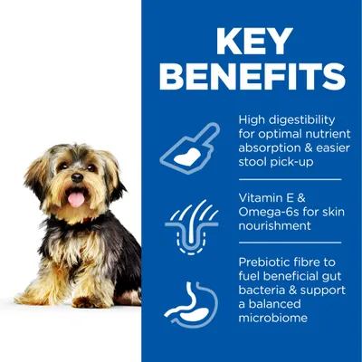 KEY BENEFITS: High digestibility for optimal nutrient absorption & easier stool pick-up, Vitamin E & Omega-6s for skin nourishment, Prebiotic fibre to fuel beneficial gut bacteria & support a balanced microbiome. Az angol szöveg a képen szerepel.