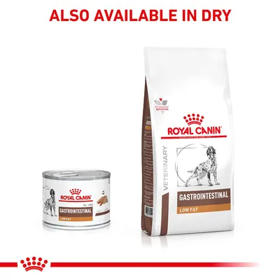 Gastrointestinal low fat food shown in both wet and dry forms, with text stating 'Also available in dry'.