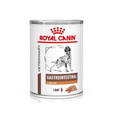 Tin labelled Royal Canin Veterinary Gastrointestinal Low Fat Loaf, showing product type and low fat content.