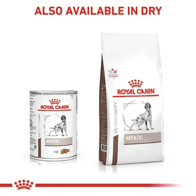 Royal Canin Hepatic food shown in wet and dry forms, with text stating 'Also available in dry'.