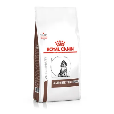 Royal Canin Gastrointestinal Puppy -koiranruokapakkaus, näkyvissä tekstit VETERINARY NUTRITION ja GASTROINTESTINAL PUPPY sekä koiranpennun kuva pussissa.