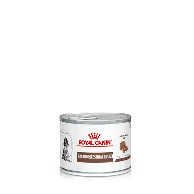 Royal Canin Gastrointestinal Puppy cibo umido in lattina, specifico per cuccioli. Immagine di pezzi di cibo e cane sulla confezione.