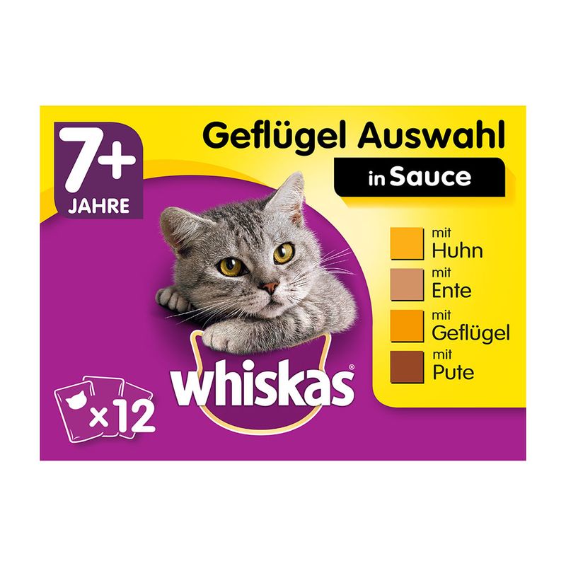 whiskas Geflügel Auswahl in Sauce 7+ Jahre, συσκευασία με γάτα, 12 φακελάκια. mit Huhn, mit Ente, mit Geflügel, mit Pute (κείμενο στα γερμανικά).