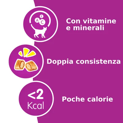 Con vitamine e minerali, doppia consistenza, meno di 2 Kcal, poche calorie. Testo e simboli informativi su fondo viola.