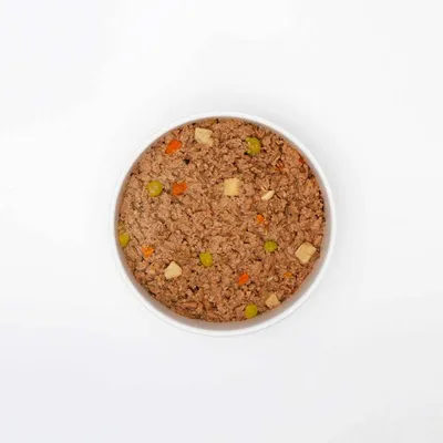 Bowl containing wet pet food with visible chunks of vegetables and meat.