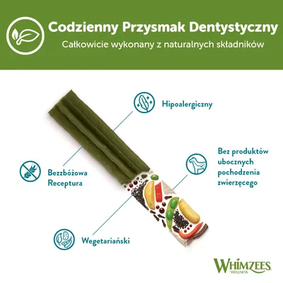 Whimzees Codzienny Przysmak Dentystyczny, całkowicie z naturalnych składników, hipoalergiczny, bez zbóż, wegetariański, bez produktów ubocznych pochodzenia zwierzęcego.