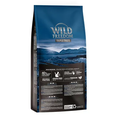 Pachet Wild Freedom Triple Taste. Text vizibil: 40% fresh fish & meat, high-quality protein, grain-free recipe, species-appropriate, made in Germany, recyclable material.