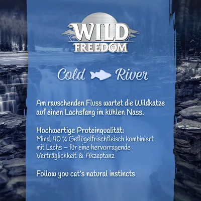 Wild Freedom Cold River. Min. 40% svježe meso peradi u kombinaciji s lososom za izvrsnu podnošljivost i prihvaćenost.