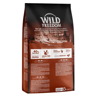 Wild Freedom kattenvoer, 40% vers vlees, graanvrij, high-quality protein, made in Germany, recyclebaar materiaal. Tekst: 'A taste of freedom', 'species-appropriate'.