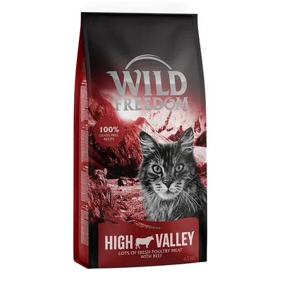 Wild Freedom High Valley Katzenfutter, 100% getreidefreie Rezeptur, frisches Geflügelfleisch mit Rind, 6,5 kg Packung.