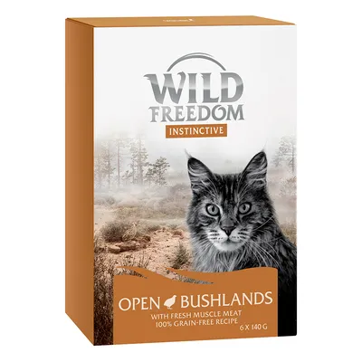 Wild Freedom Instinctive Open Bushlands, with fresh muscle meat, 100% grain-free recipe, 6 x 140 g. Billede af kat på emballagen.