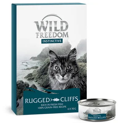 Wild Freedom Instinctive Rugged Cliffs kattenvoer, rijk aan verse vis, 100% graanvrij recept, verpakking met 6 x 70 g en blikje zichtbaar.