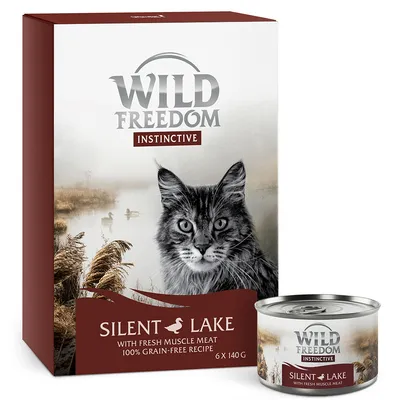 Wild Freedom Instinctive Silent Lake, 6 x 140 g. Texte visible : with fresh muscle meat, 100% grain-free recipe. Boîte et emballage avec image de chat.