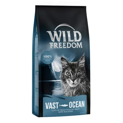 Wild Freedom Vast Ocean, 100% grain-free recipe, lots of fresh poultry meat with mackerel, 6,5 kg. Opakowanie z wizerunkiem kota.