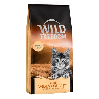 Embalagem de ração Wild Freedom Kitten Wide Country, 100% grain-free recipe, lots of fresh poultry meat, 6,5 kg. Imagem de um gatinho na frente da embalagem.
